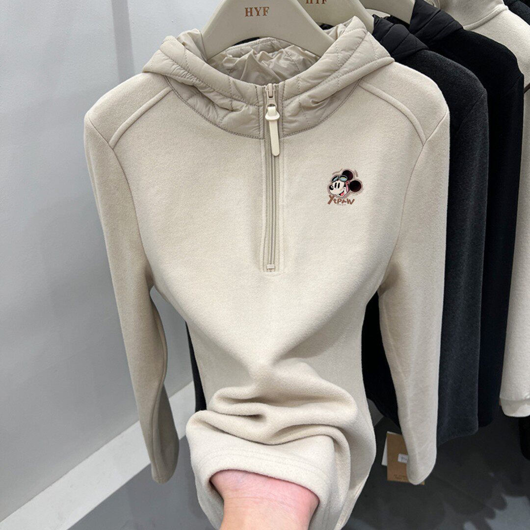 上身巨保暖！半拉链磨毛德绒连帽卫衣女秋冬修身加厚保暖外套帽衫