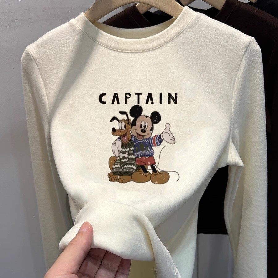 亿点点好看！洋气双面磨毛德绒长袖T恤女洋气猫咪印花打底衫上衣