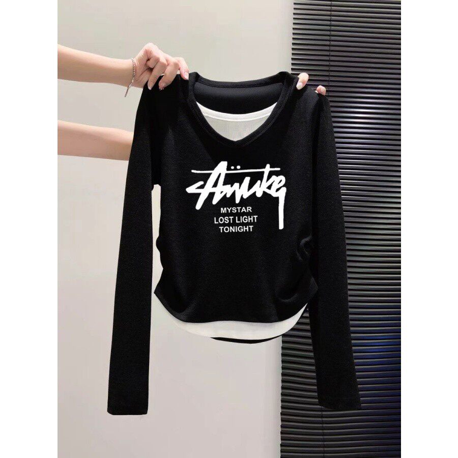 超有设计感！修身V领假两件收腰长袖T恤女小众时尚百搭减龄上衣