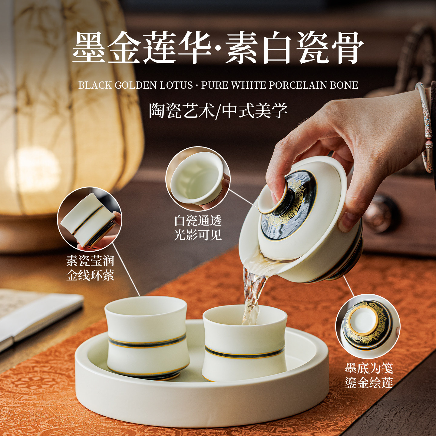 一品仟堂陶瓷盖碗茶具套装2026年新款高档家用办公茶杯一碗两杯