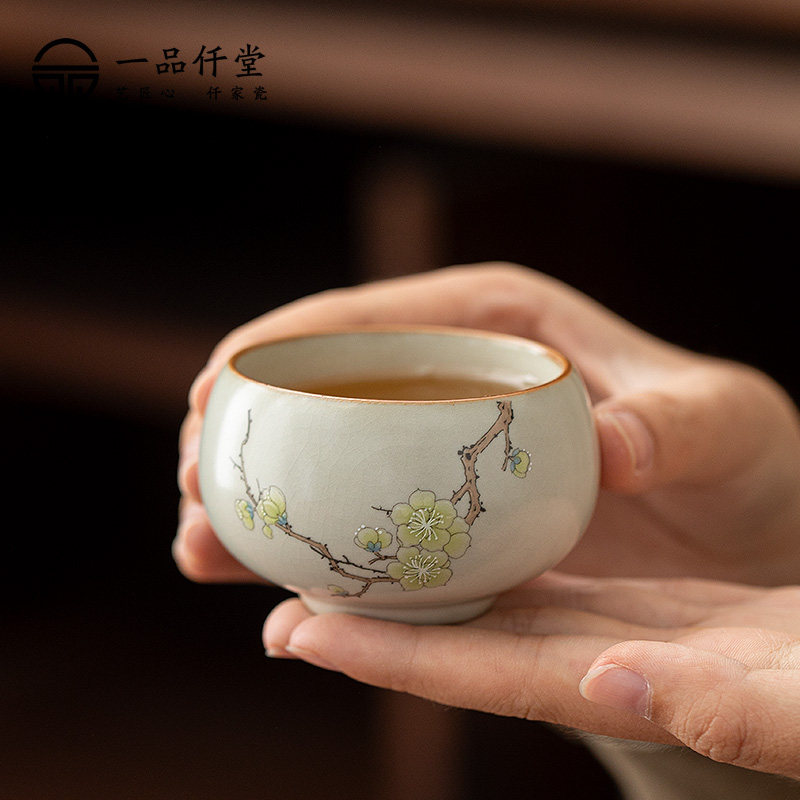 喜上眉梢中式风汝窑品茗杯陶瓷功夫茶具小茶杯复古开片可养小单杯