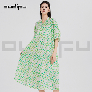 V领几何印花图案宽松大摆优雅长连衣裙 五分袖 新款 OUDIFU品牌夏季