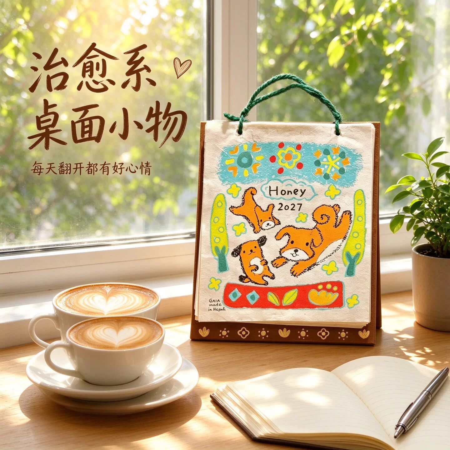 尼泊尔日历2027年小狗涂鸦插画台历摆件小动物月历装饰挂件送礼物