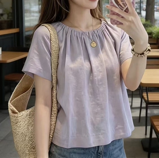 女生夏季甜美风好看上衣宽松显瘦圆领女孩韩版短袖小清新简约减龄