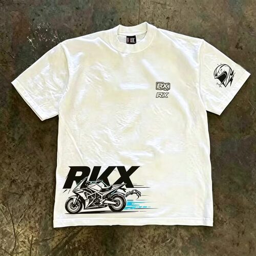 潮牌短袖t恤美式夏季时尚痞帅重磅RX赛车印花100T恤复古朋克风白