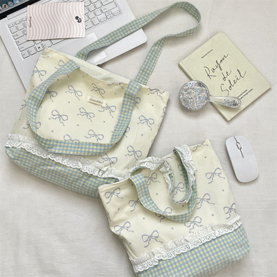 5311 蕾丝蝴蝶结春夏通勤斜挎包双面手提便当包女逛街帆布单肩包