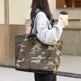 韩版休闲迷彩托特包百搭时尚大容量子母包网红撞色帆布单肩包女包