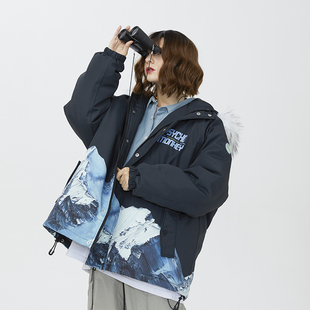 国潮加厚宽松外套男女情侣装 PCMY张新成同款 雪山毛领羽绒棉服冬季