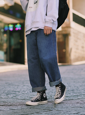 PSO Brand 19AW基础百搭水洗蓝色简约直筒街头情侣款宽松牛仔裤男