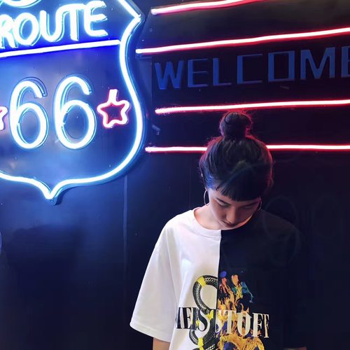 Stay gold火焰蛇三色拼接短袖 阴阳撞色男女情侣BF宽松T恤火焰蛇