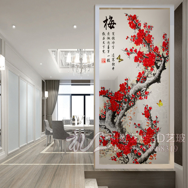 现代家装 艺术玻璃隔断 磨砂 雕花 入门玄关装饰屏风背景墙 梅花