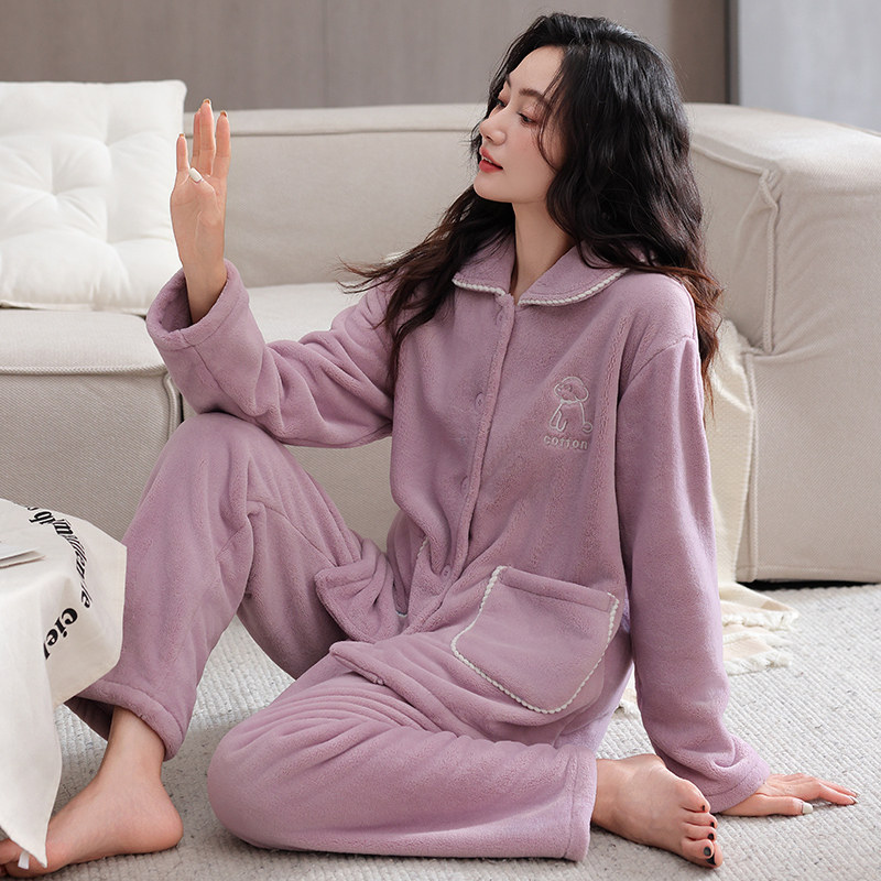 开衫冬天珊瑚绒睡衣女士加绒加厚可外穿秋冬家居服法兰绒居家套装