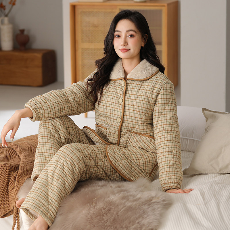 冬季睡衣女款三层加厚梭织夹棉保暖休闲可出门中年妈妈家居服套装