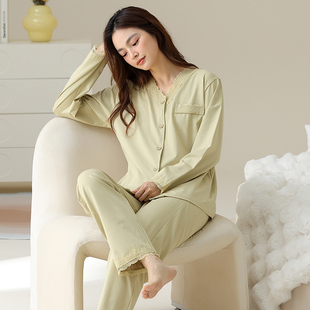 莱卡棉开衫秋天纯棉睡衣女春秋款长袖长裤套装两件套装家居服新款
