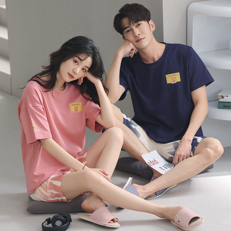 可外穿情侣睡衣夏短袖纯棉薄款女夏装简约透气套头家居服套装男款