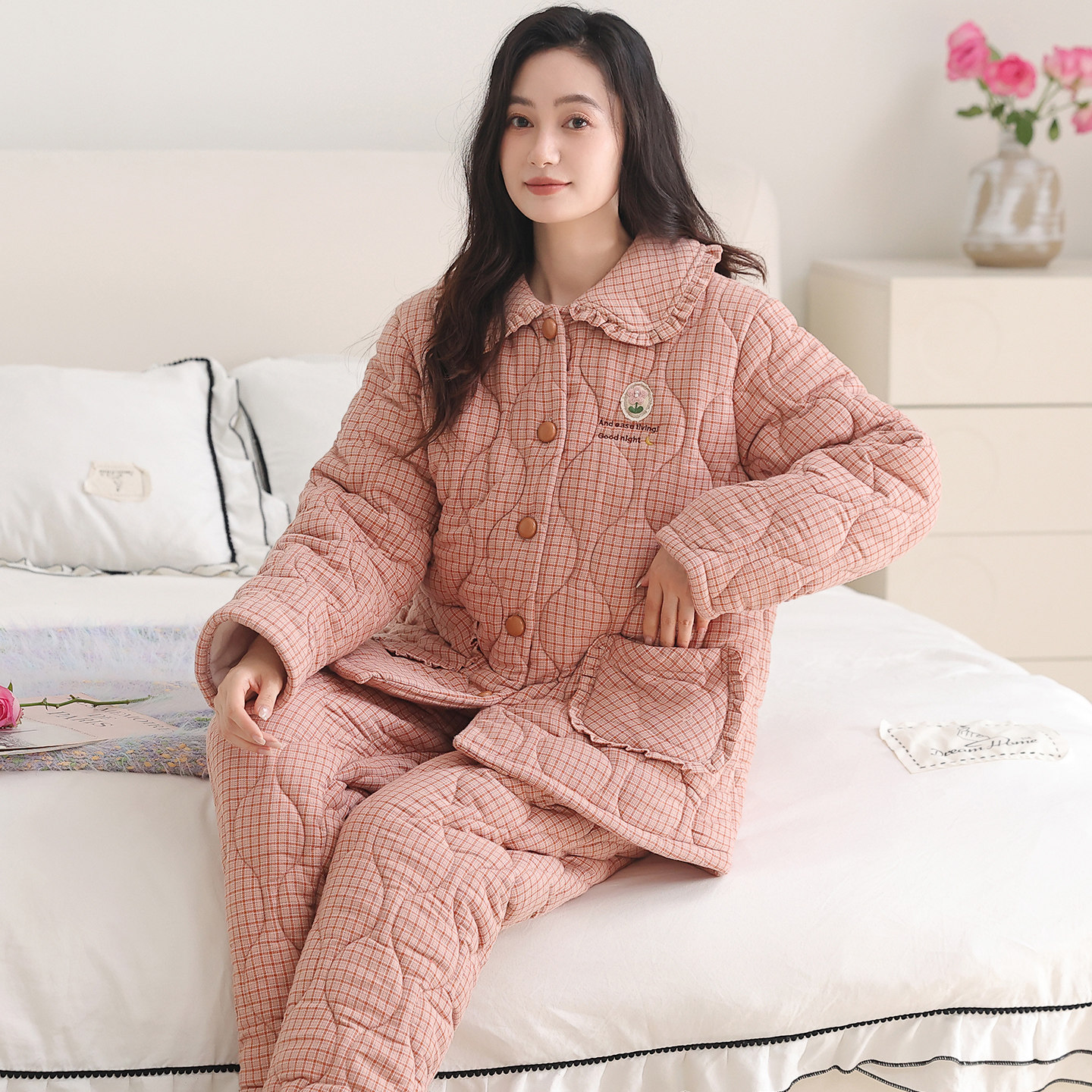 睡衣女款冬季三层加厚夹棉套装梭织纯棉夹层冬天女保暖家居服妈妈