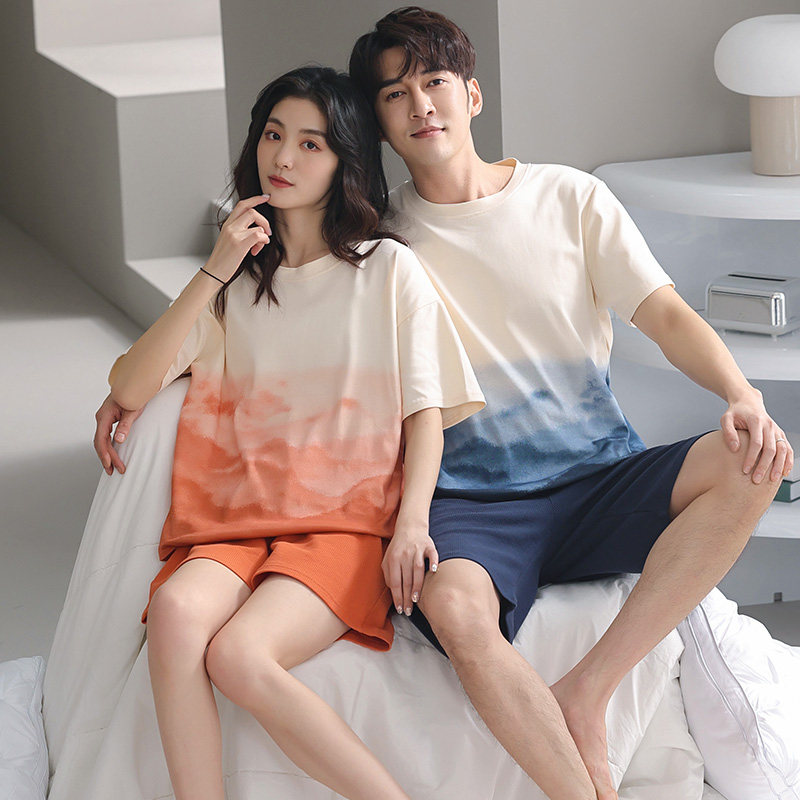 简约夏天情侣睡衣女款短裤华夫格图片
