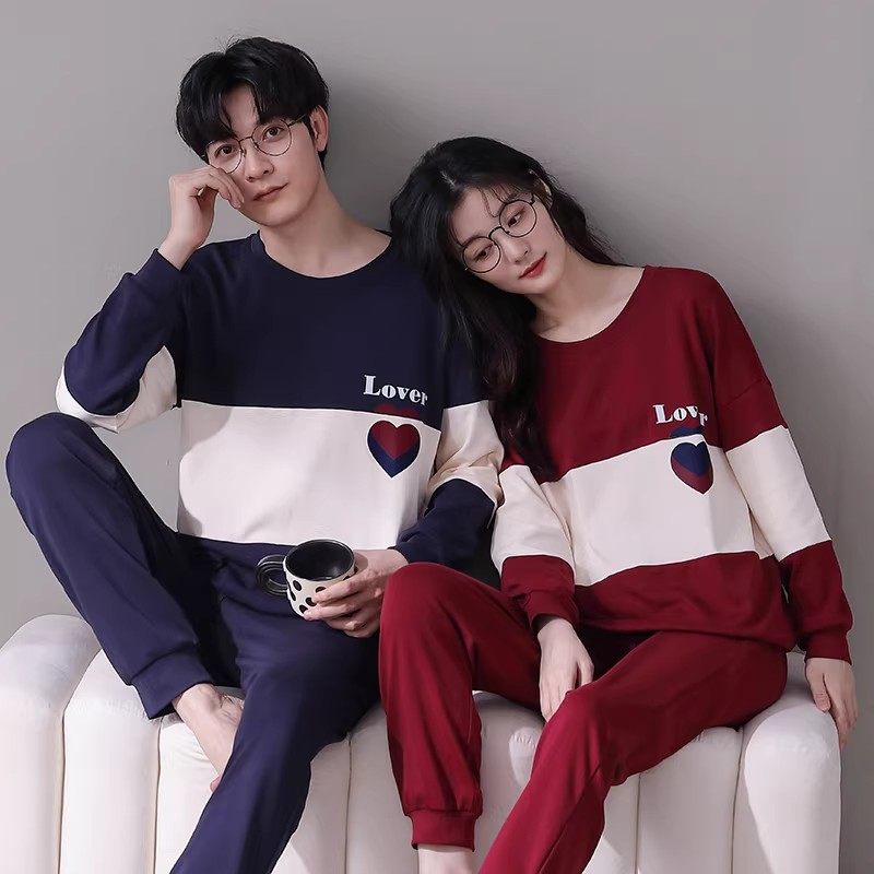 全棉套头情侣款睡衣长袖纯棉春秋季休闲风男款女士家居服春天套装