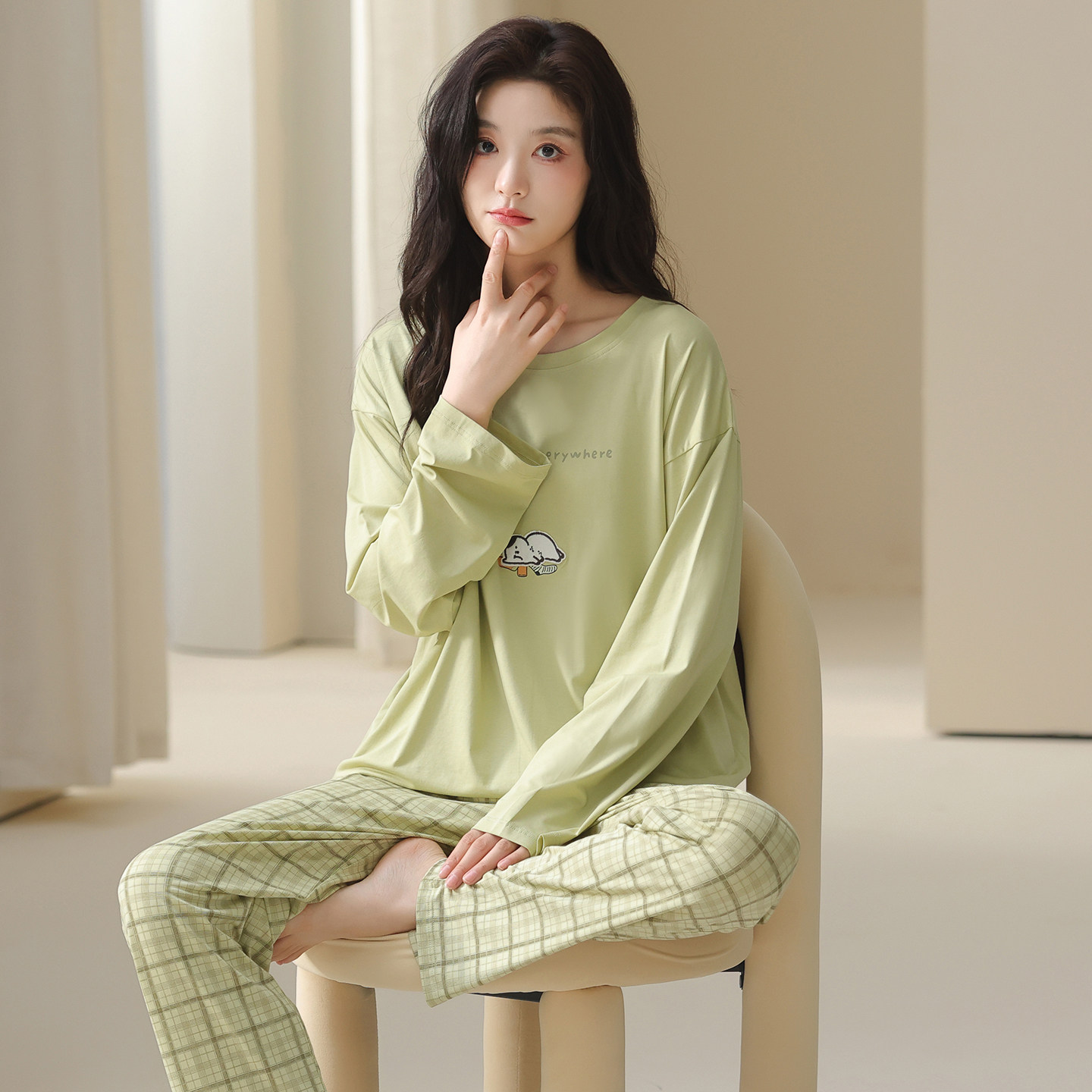 新款莫代尔棉睡衣女款新款套头春季秋款长袖长裤秋季可出门家居服