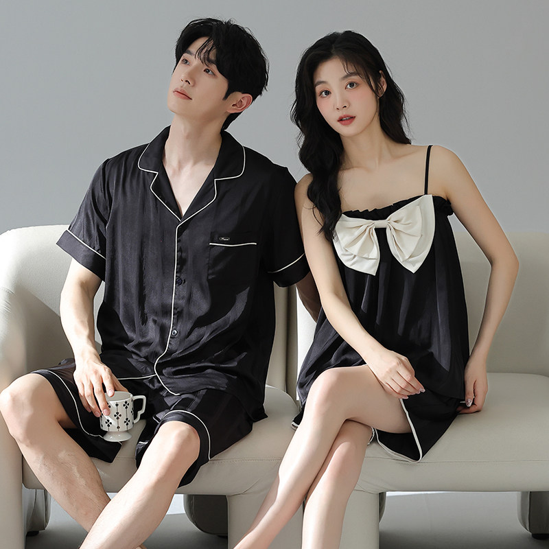 夏季吊带女带胸垫短裤睡衣情侣装男大码冰丝绸短袖夏家居服可外穿