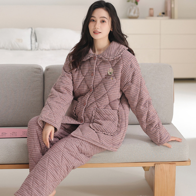 睡衣女冬天2025新款三层加厚加绒梭织纯棉夹棉秋冬款可外穿家居服