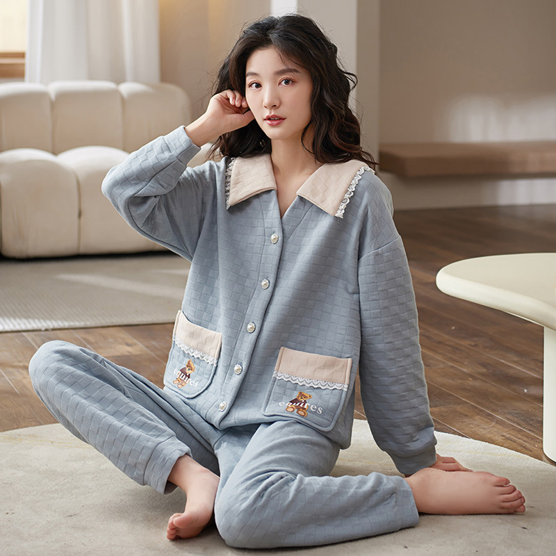 睡衣女士春秋款空气棉加厚纯棉夹层家居服女款保暖秋冬天简约套装