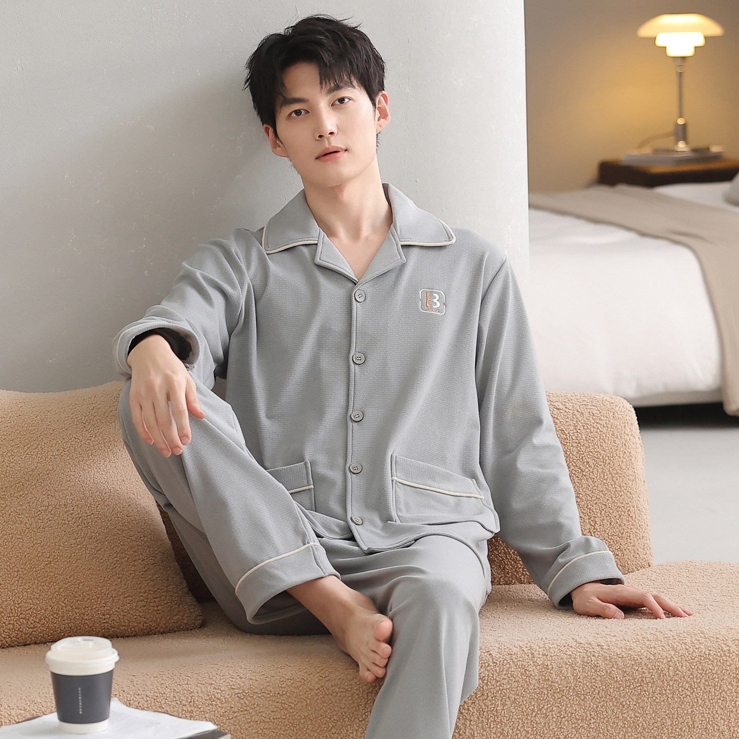 德绒开衫睡衣男款春秋冬季薄绒长袖长裤可出门家居服秋冬保暖套装