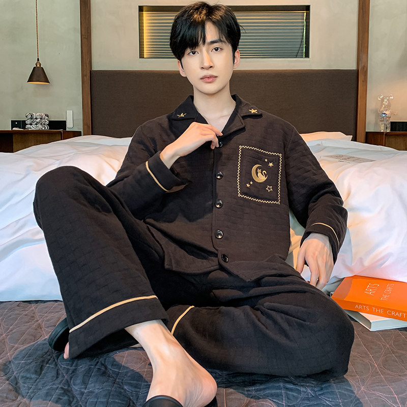 春秋季睡衣男款长袖纯棉拉链薄款夹层薄款秋冬款家居服加大码套装