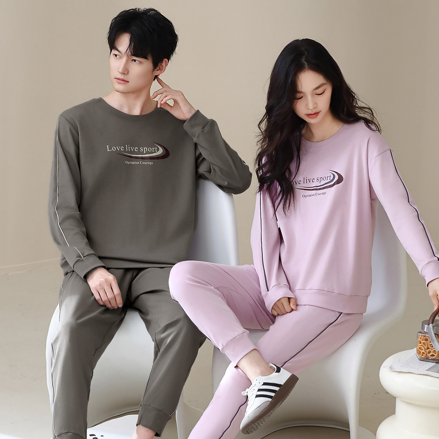 秋季新款情侣睡衣女纯棉长袖长裤套头男休闲大码可外穿家居服套装