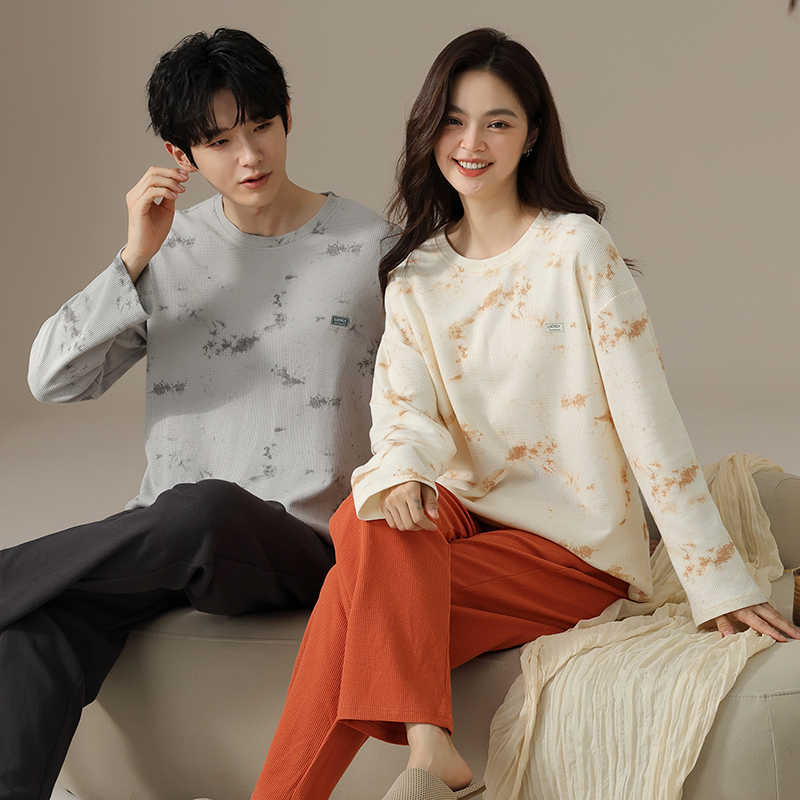 睡衣情侣款春秋季纯棉长袖华夫格2025新款可外穿运动家居服两件套