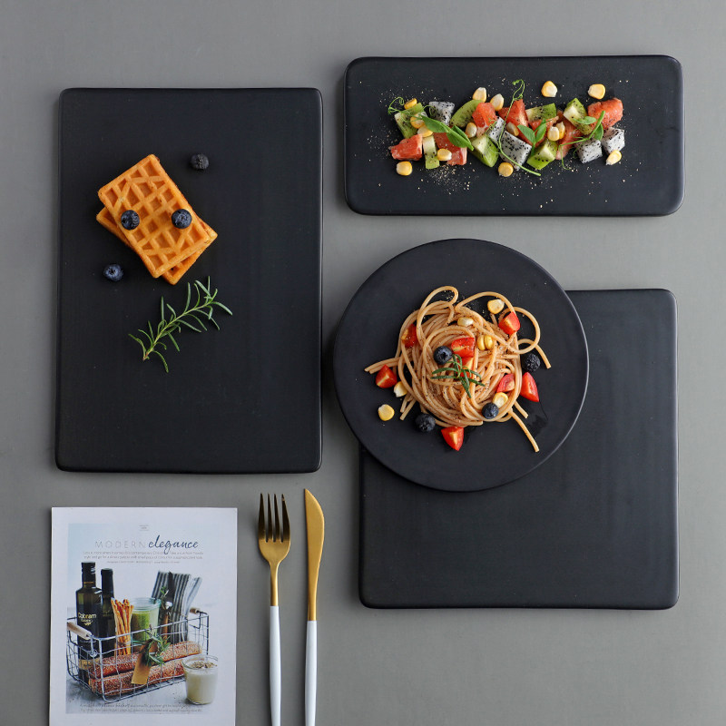 哑光黑色陶瓷盘平板盘子圆形蛋糕盘正方西餐盘长方甜品盘烘焙餐具,餐饮具,盘,淘宝优惠券,粉丝福利购,淘宝优惠卷
