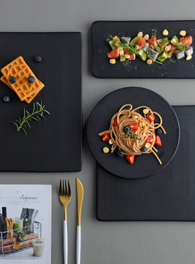 哑光黑色陶瓷盘平板盘子圆形蛋糕盘正方西餐盘长方甜品盘烘焙餐具