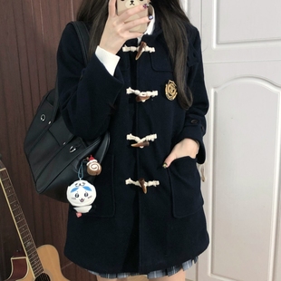 巧所JK校供感牛角扣大衣女秋冬季 日系学院风毛呢外套夹棉加厚款