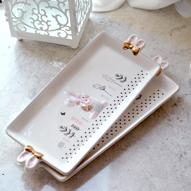 可爱兔子耳朵方形盘陶瓷