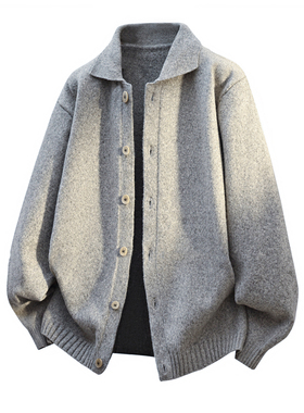 春秋新款港式复古翻领针织开衫男宽松毛衣外套灰色纽扣衫保暖长袖