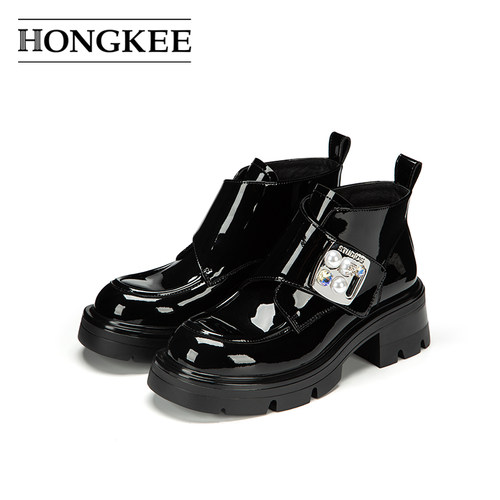 Hongkee/红科短靴子女厚底粗跟时装靴亮面单靴HA85M424