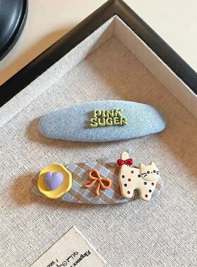 可爱蝴蝶结格子爱心蓝色猫咪发夹女前额刘海碎发BB夹对夹百搭头饰