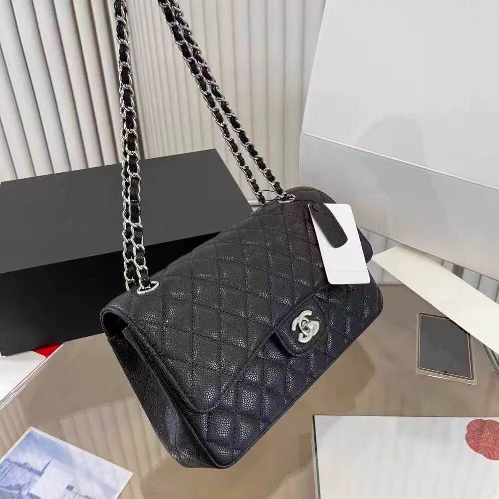 Hong Kong Genuine 2026 New Black Silver CF Caviar Genuine Leather Small Fragrance Bag Diamond Checkered Chain One-Shoulder Crossbody Women's Bag