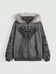 Subculture Punk Y2K Yabi Visual Style Detachable Large Fur Collar Hooded Sweatshirt Jacket for Women Winter Light Top