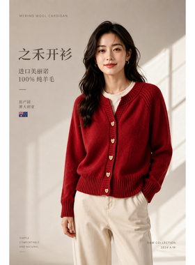 之禾美丽诺100%羊毛手编开衫