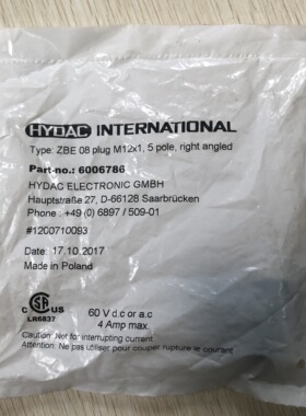 现货促销 全新原装 贺德克 6006786 ZBE 08 PLUG M12*1 5 PLOE