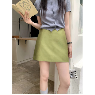 牛油果绿高腰A字大码胖mm短裙女夏季韩系简约显瘦纯色缎面半身裙