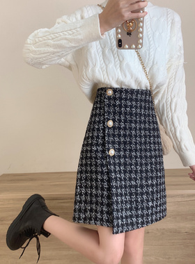 黑色大码小香风毛呢A字半身裙女高腰显瘦不对称中裙通勤25秋冬新