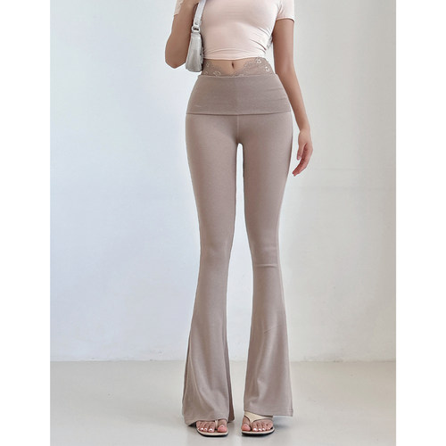 拼接蕾丝V腰长裤翻腰微喇裤