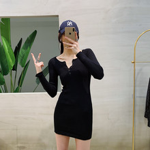 针织裙 螺纹连衣裙女胸前系扣包臀长袖 LIVIA欧美时髦修身 基础款