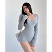 美式 辣妹连体短裤 女性感纯色拉链长袖 liviahome 修身 显瘦连体衣春