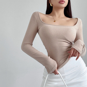 liviahome辣妹方领包肩袖 内搭T恤女带胸垫外扩漫画胸修身 低领上衣