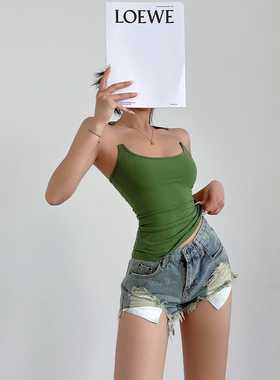 liviahome隐形鱼线肩带绿色吊带背心女夏季辣妹短款外穿无袖上衣