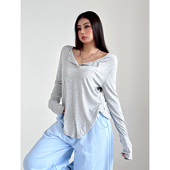 liviahome 上衣 T恤女显瘦百搭休闲打底衫 美式 辣妹不规则下摆长袖