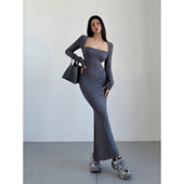 liviahome欧美性感方领紧身连衣裙收腰显瘦气质鱼尾包臀长裙秋冬